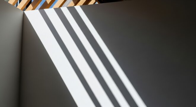 Geometric Pattern of Sunlight Cast by Slatted Wood Creates Striking Diagonal Shadows on a Dark Surface