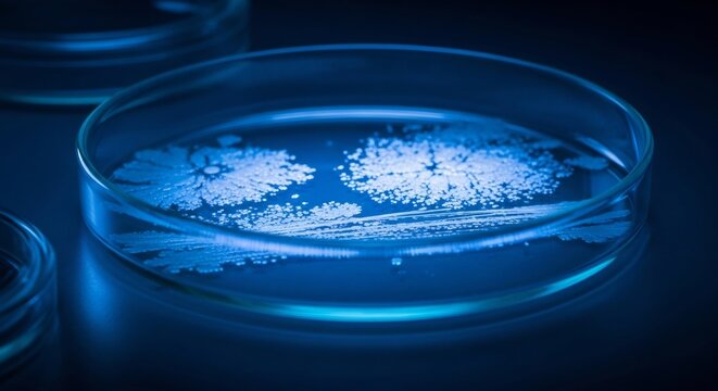 Close-up of bacterial colonies growing in a petri dish under blue light.