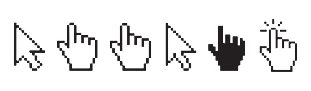 Collection of pixelated mouse pointers and hand cursors in retro computer graphic style.