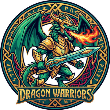 Dragon Warriors: Mythical green dragon knight wielding a large glowing broadsword
