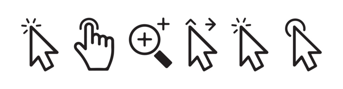 Diverse set of mouse cursors and hand pointers with various interactive symbols.