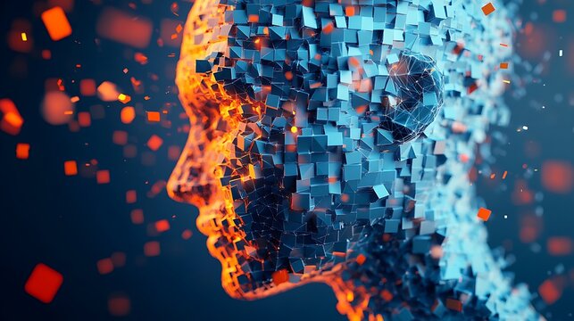 Digital human head composed of blocks and particles artificial intelligence concept