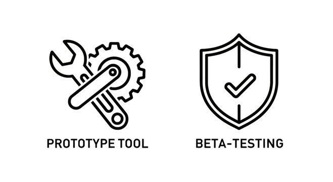 Prototype tool and beta testing icons with prototype development software technology engineering assurance illustration management