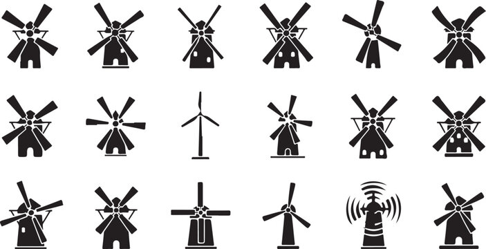 Windmill, turbine, icon set, black, vector, 16 elements, energy symbols