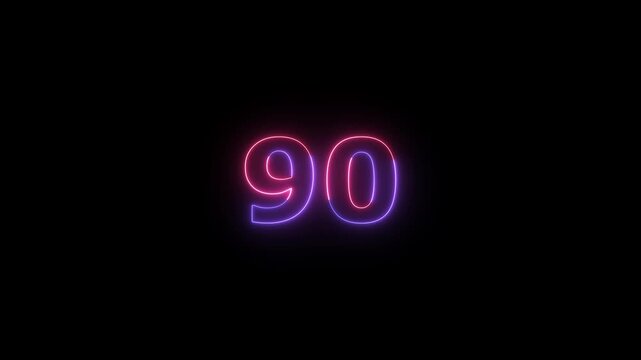 Bright neon number ninety radiating a captivating pink and purple luminescence against a pure black void, ideal for signifying a high value or final countdown stage