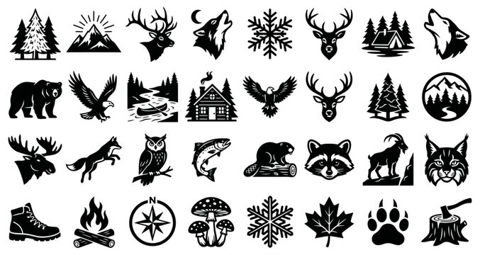 Comprehensive Collection of Wilderness and Wildlife Silhouette Icons. Depicting Nature, Animals, and Outdoor Adventure Elements for Rustic Design Concepts