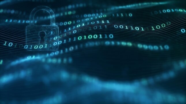 Digital padlock secures flowing binary code, representing online data protection and cybersecurity.