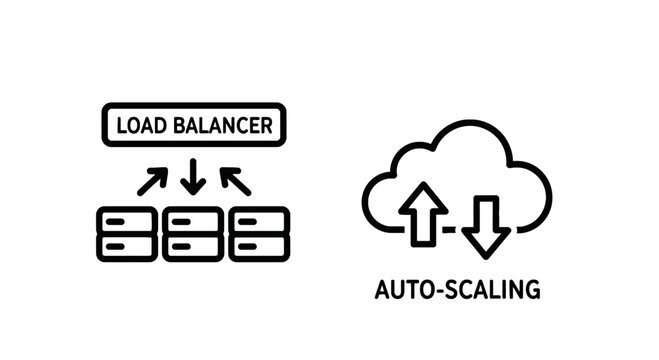 Load balancer and auto-scaling diagram for cloud computing infrastructure with cloud services data center server management load distribution technology