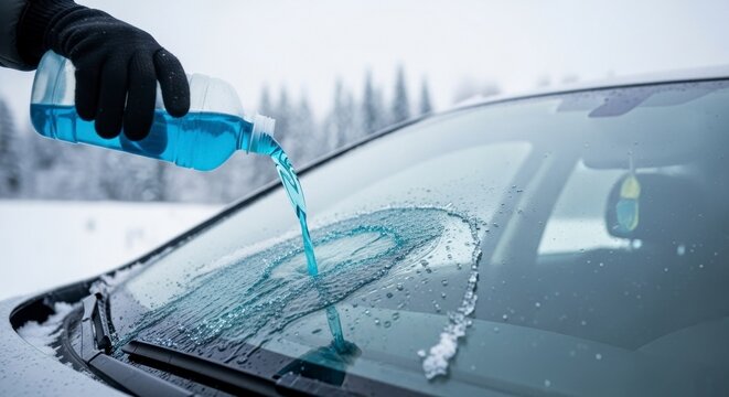 Person in gloves pouring blue antifreeze windshield washer fluid onto a frozen car windscreen in winter