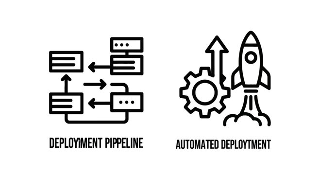 Infographic icons illustrating deployment pipeline and automated deployment with a rocket launch deployment pipeline automated infographic software