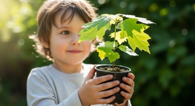 Young child holding a small potted tree seedling with dirt on hands in a sunny garden environment