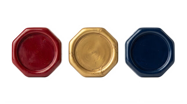 Vintage octagonal wax seals in red, gold, and navy blue. Elegant blank wax stamps for wedding invitations and formal correspondence. Set of 3 classic wax seal stickers. isolated on Transparent