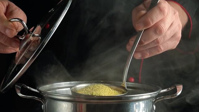 Chef's hands lift pot lid while stirring contents, preparing to add ingredients in a kitchen filled with steam and cooking utensils