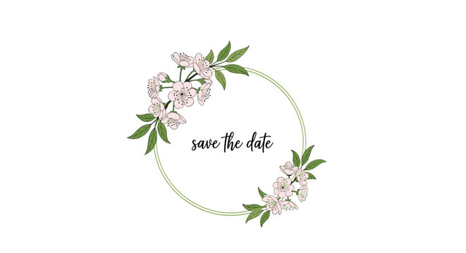 Delicate and romantic circular wreath of pink spring blossoms and green leaves framing the text save the date for wedding planning.