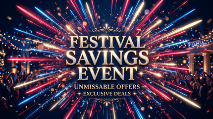 Fototapeta premium Sale celebration event with colorful light trails and discount banners at night