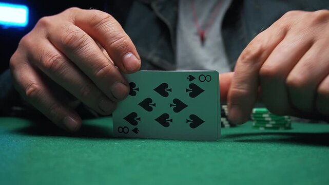 Male player reveals playing cards during a poker game, showcasing a pair of eights on a green felt table with poker chips nearby