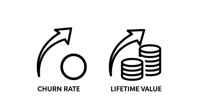 Business graphic showing churn rate and lifetime value with arrows and icons customer retention black and white data visualization financial analysis