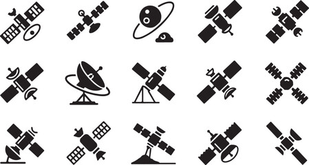 Satellite icons, space symbols, astronomy signs, 20 black vector graphics © fksamia