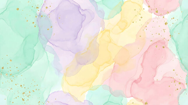 Abstract pastel watercolor fluid background with gold splashes, horizontal landscape banner texture for website header and presentation slide