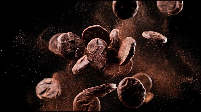 Slow motion footage of dark chocolate chunks flying and spinning in mid-air against a black background with exploding fine cocoa powder dust, dynamic cinematic macro shot.