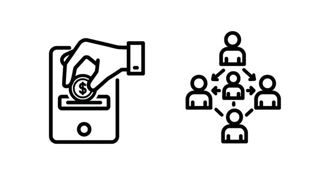 Hand holding a coin above a mobile payment interface with a group of people icons payment method digital currency payment system electronic payment
