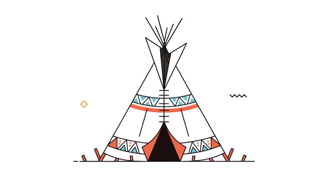 Traditional native american teepee or wigwam with geometric patterns and wooden poles set against a minimalist background.