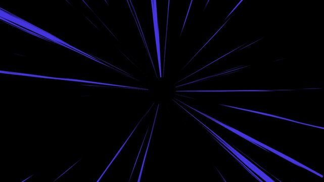 Fast zoom blue lines motion background, comic book style speed burst on black backdrop, abstract dynamic laser beam rays seamless loop, high velocity motion graphic transitions elements 4k video.