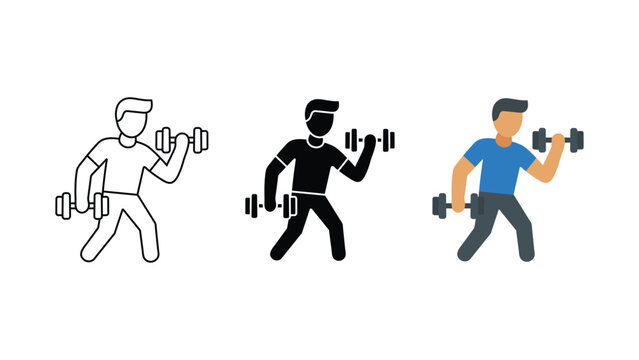 Man lifting dumbbells fitness workout icon set outline silhouette and color vector isolated on white background