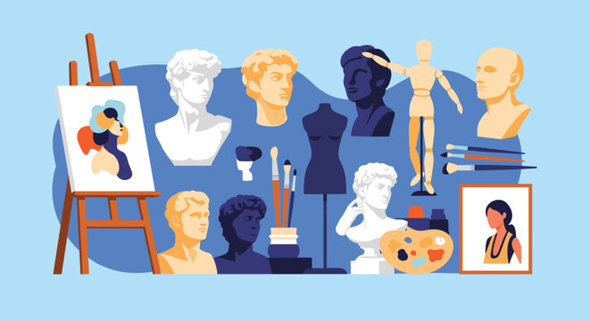 Comprehensive art studio themed illustration featuring various plaster bust statues, a wooden easel with a canvas, paint brushes, and palettes.