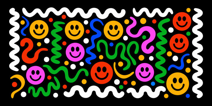 psychedelic smiley faces and wavy lines colorful pattern on black