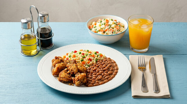 Prato tradicional de frango &agrave; passarinho com arroz e feij&atilde;o acompanhado de salada de batata com maionese servido na mesa de madeira azul com suco de laranja.