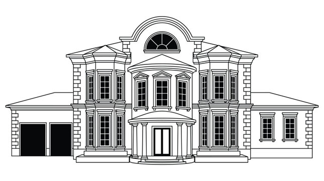 Luxurious mansion with grand entrance, multiple windows, and two garage doors, depicting upscale residential property.