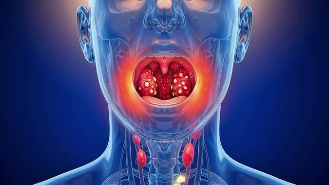3D Medical Animation of Tonsillitis Showing Inflamed Tonsils with Pus Spots Uvula and Swollen Lymph Nodes in Transparent Human Head and Neck Anatomy
