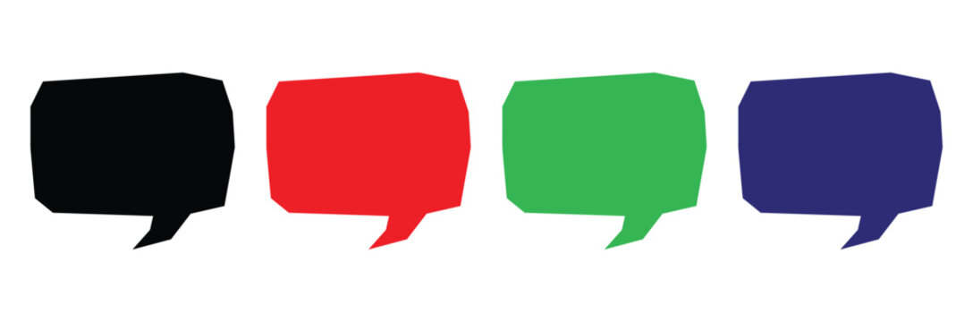 Set of four colorful speech bubbles, black, red, green, and blue, modern geometric shape, communication icons.