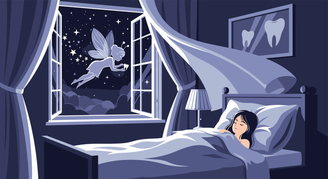 Magical scene of a tooth fairy flying through an open window into a child's bedroom at night under a starry sky.
