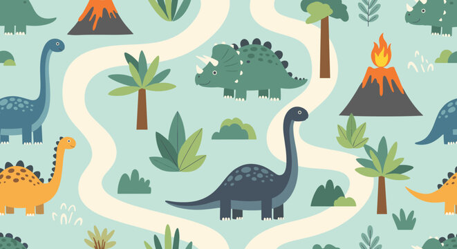 Detailed seamless pattern of a prehistoric landscape with dinosaurs roaming through paths, volcanoes, and trees.