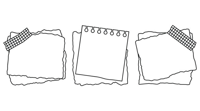 Set of three paper notes with torn edges and lined patterns secured by grid tape on isolated transparent background.