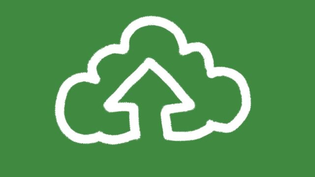 White cloud computing upload cartoon graphic with chalk outline cloud storage icon isolated on green screen background for data distribution with up arrow and server infrastructure element concept.