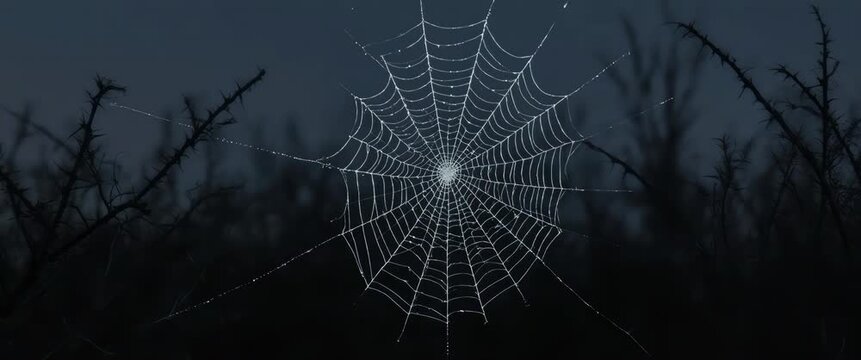 Silver spider web prop with lens flare among dark thorns