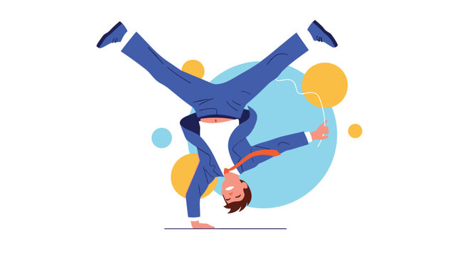 Energetic businessman in blue suit performing a breakdance move on his hand while smiling against a colorful circular backdrop.