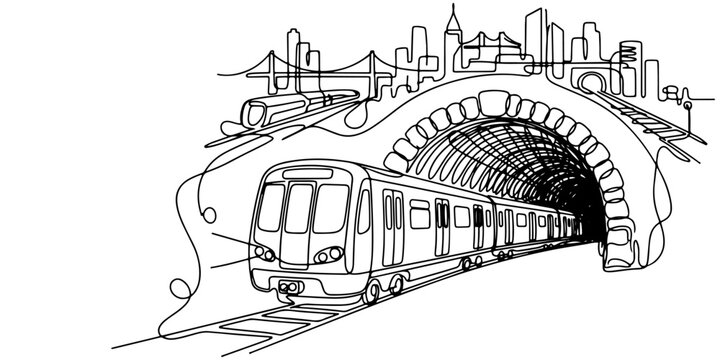 Continuous one line drawing of a subway train entering a tunnel symbolizing metropolitan transit systems and city infrastructure, line art style vector illustration.