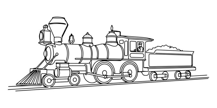 Continuous one line drawing of a steam engine train, symbolizing history and innovation, line art style vector illustration