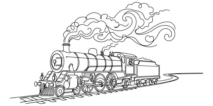 Continuous one line drawing of a steam engine train, symbolizing history and innovation, line art style vector illustration