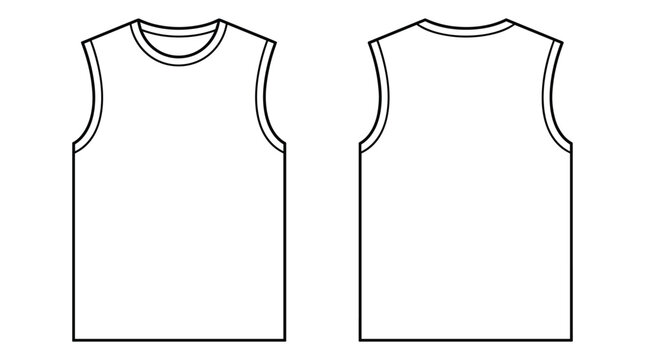 Outline drawing of front and back view of sleeveless t-shirt or tank top isolated on grey background.