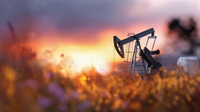 A picturesque view of an oil rig silhouetted against a stunning sunset, with vibrant wildflowers in the foreground, capturing the juxtaposition of nature and industry.
