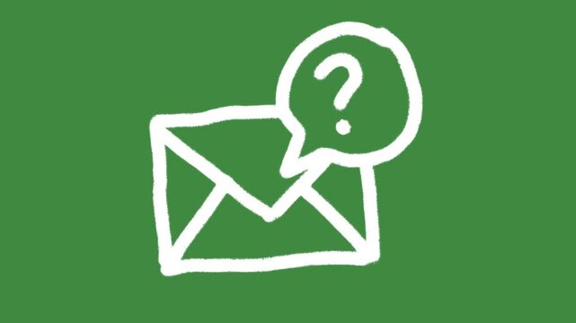 White contact us support envelope cartoon graphic with chalk outline mail and question mark speech bubble icon isolated on green screen background for customer service symbol and digital helpdesk.