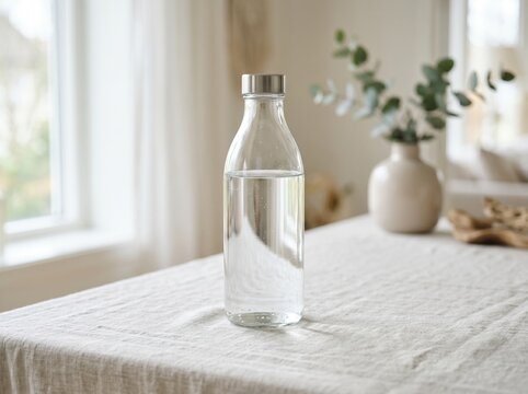 Clear Refreshment: A crystal-clear glass bottle filled with pristine water sits on a textured linen tablecloth, a minimalist and elegant presentation of pure hydration.