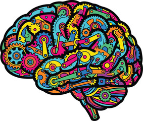 Obraz premium Vibrant human brain vector illustration featuring colorful mechanical interlocking gears and industrial cogs for a creative thinking design concept