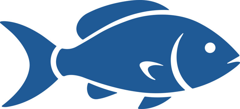 Blue fish icon silhouette, isolated on white background, simple marine life symbol