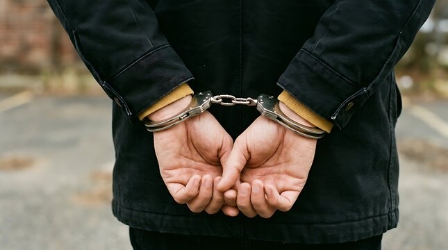 Closeup of a persons hands handcuffed behind their back, wearing a dark jacket with yellow sleeves, symbolizing arrest, crime, justice, or legal consequences